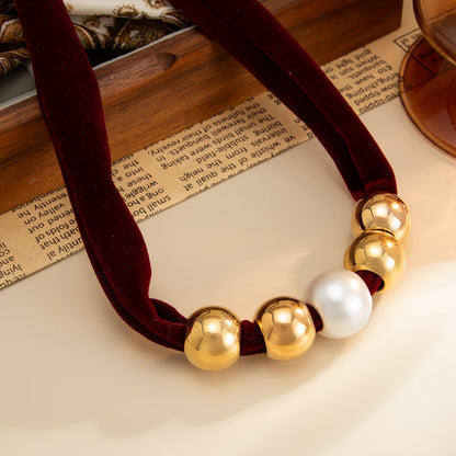 Wine Red Polyster and Pearl Goldtone Ball Collar Necklace, botanical inspired, detail close-up