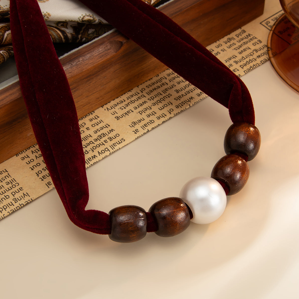 Wine Red Polyster and Wood Pearl Silvertone Ball Collar Necklace, everyday style, detail close-up