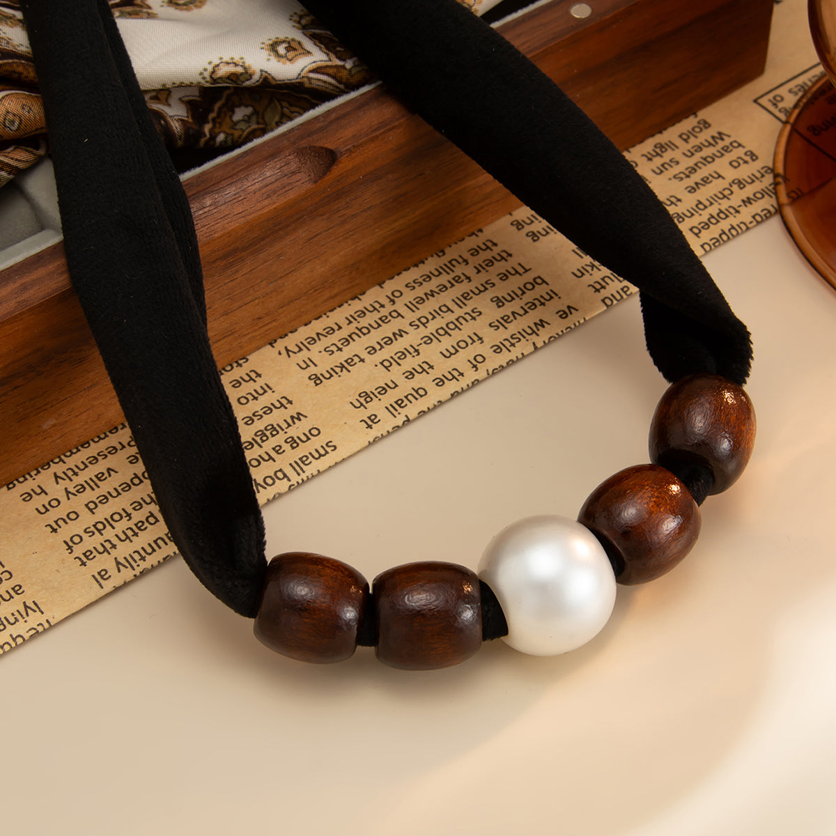 Black Polyster and Wood Pearl Silvertone Ball Collar Necklace, everyday style, detail close-up