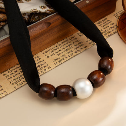 Black Polyster and Wood Pearl Silvertone Ball Collar Necklace, everyday style, detail close-up