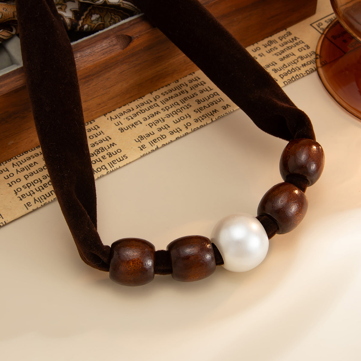 Dark Brown Polyster and Wood Pearl Silvertone Ball Collar Necklace, everyday style, detail close-up