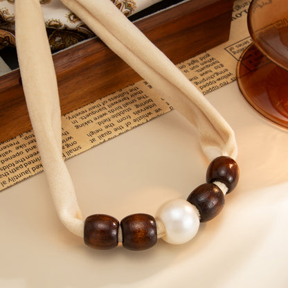 Beige Polyster and Wood Pearl Silvertone Ball Collar Necklace, everyday style, detail close-up