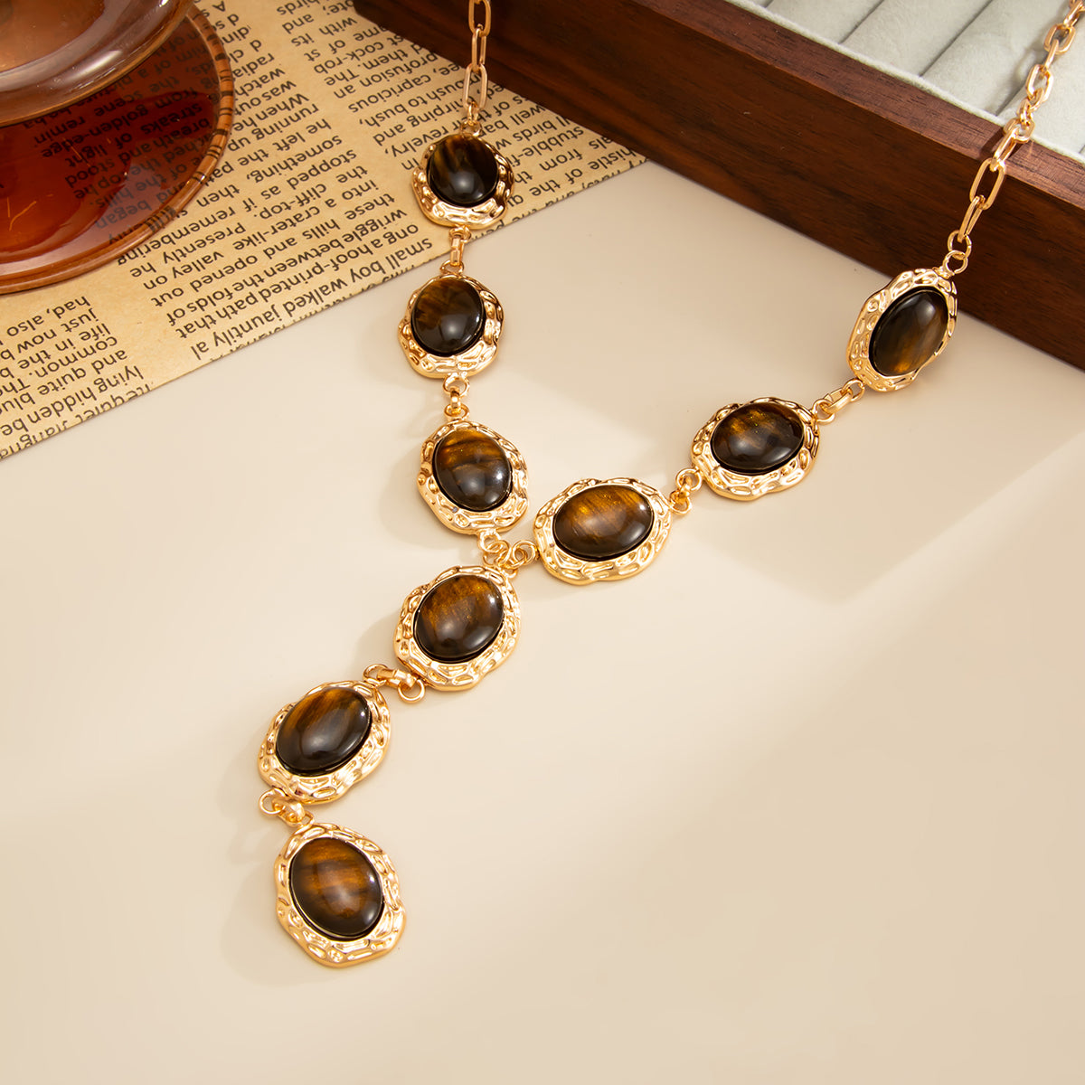 Tiger's Eye‌ and Goldtone Oval Station Y-Necklace, elegant gift for her, side view