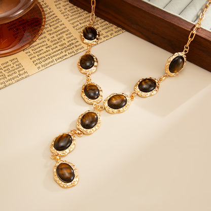 Tiger's Eye‌ and Goldtone Oval Station Y-Necklace, elegant gift for her, side view