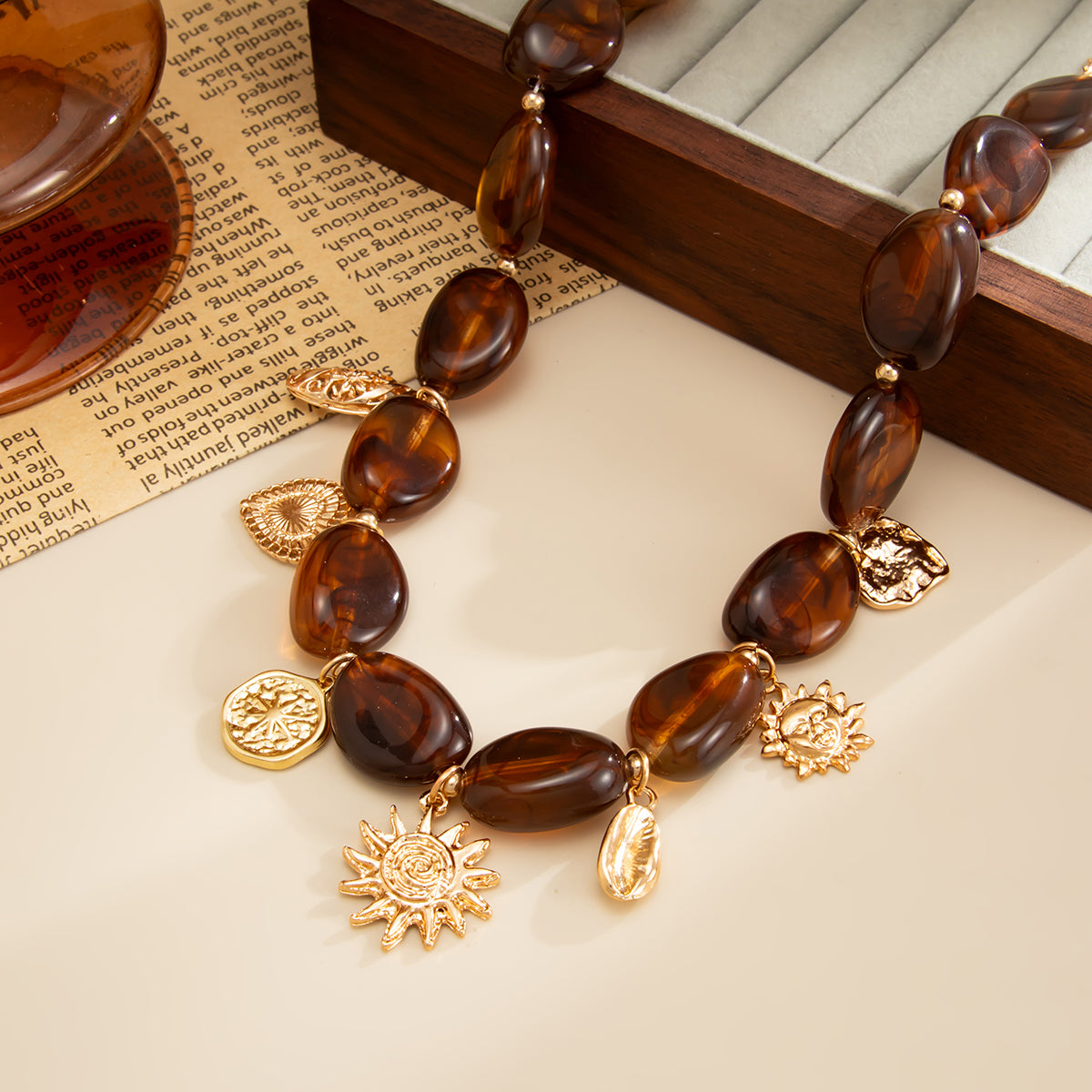 Irregular Resin and Goldtone Beaded Heart Sun Pendant Necklace, everyday style, side view