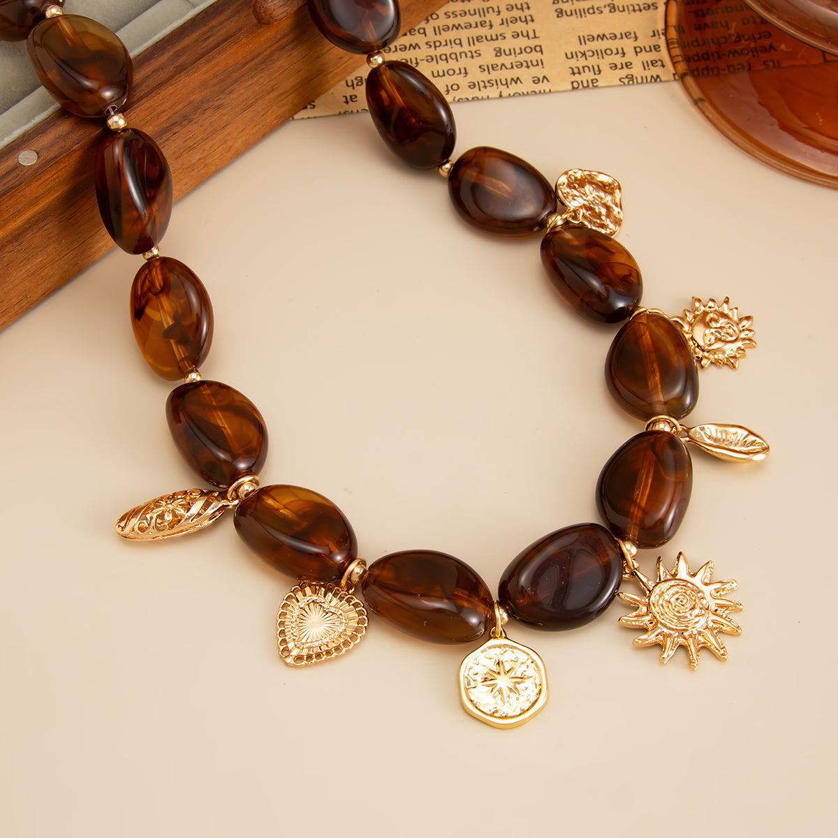 Irregular Resin and Goldtone Beaded Heart Sun Pendant Necklace, everyday style, detail close-up