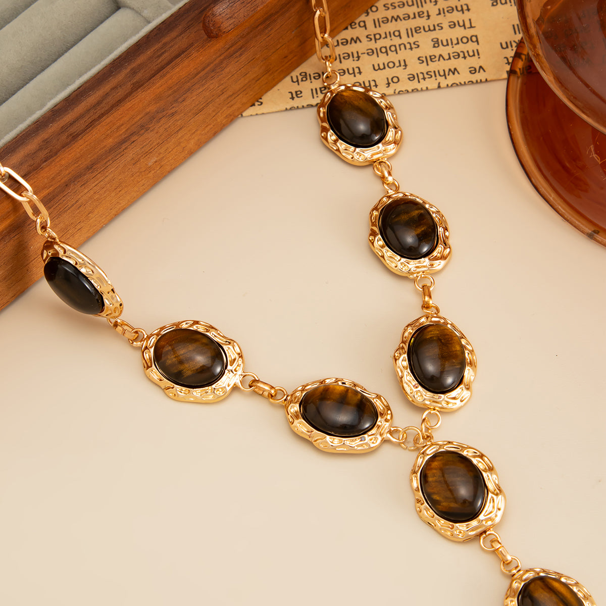 Tiger's Eye‌ and Goldtone Oval Station Y-Necklace, elegant gift for her, detail close-up