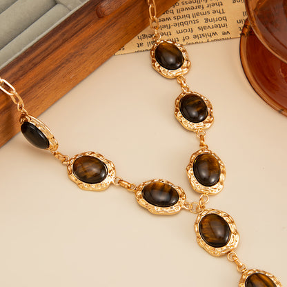 Tiger's Eye‌ and Goldtone Oval Station Y-Necklace, elegant gift for her, detail close-up