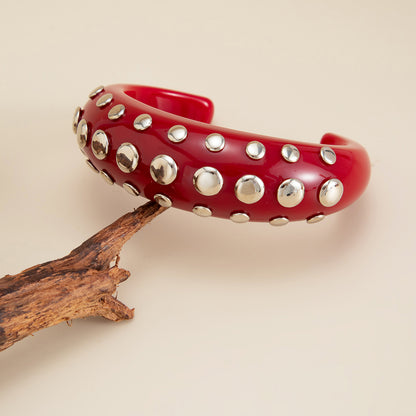 Red Resin and Silvertone Layered Spot Cuff, silver bracelet for women, vintage-inspired design, side view