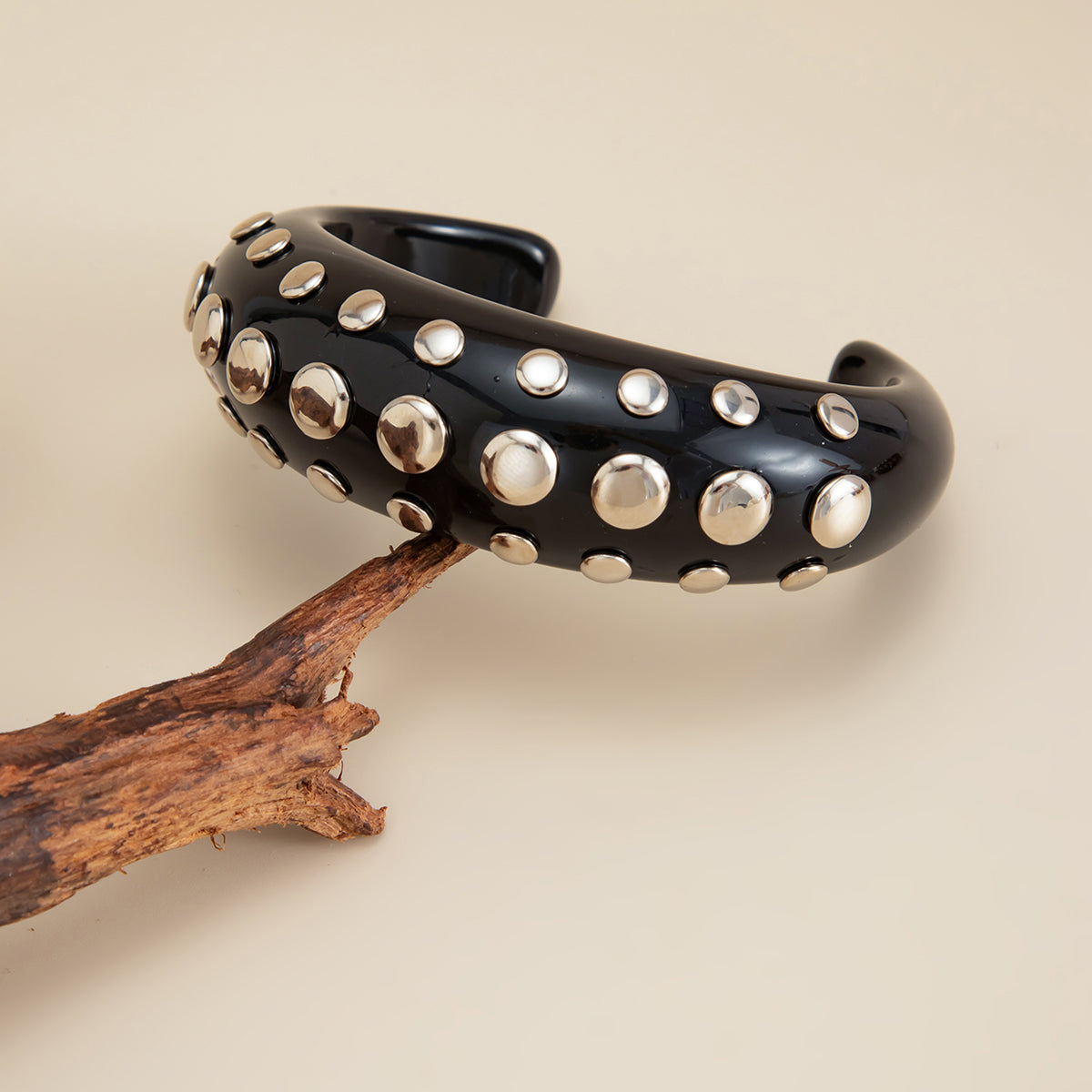 Black Resin and Silvertone Layered Spot Cuff, silver bracelet for women, vintage-inspired design, side view