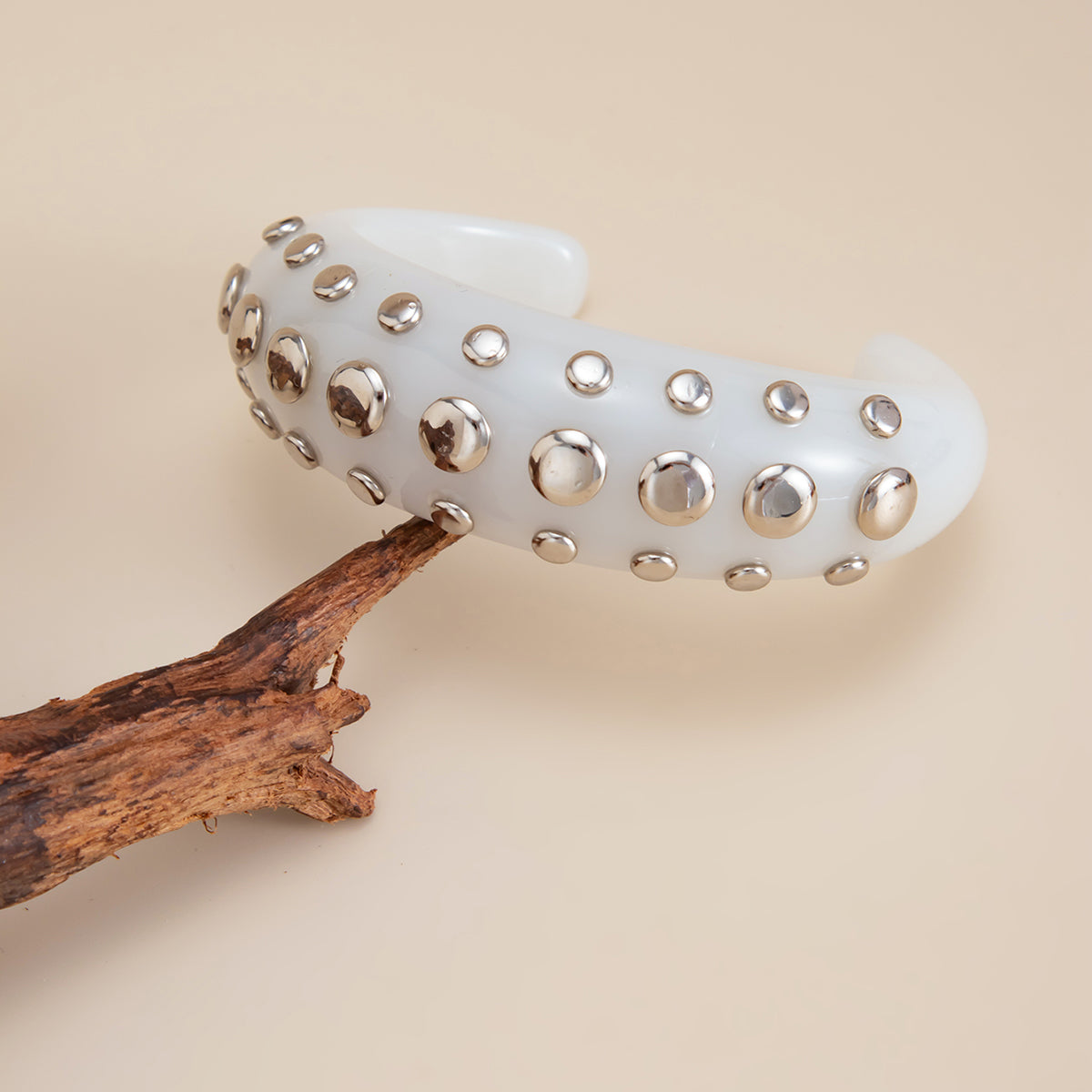 White Resin and Silvertone Layered Spot Cuff, silver bracelet for women, everyday style, side view