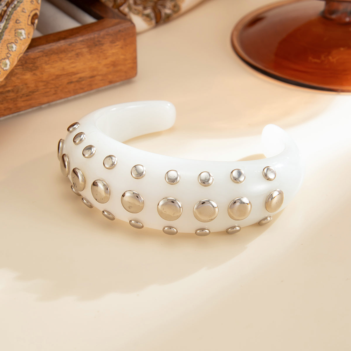 White Resin and Silvertone Layered Spot Cuff, silver bracelet for women, everyday style, detail close-up