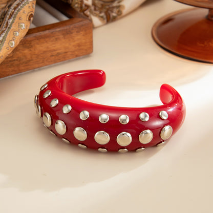 Red Resin and Silvertone Layered Spot Cuff, silver bracelet for women, vintage-inspired design, detail close-up