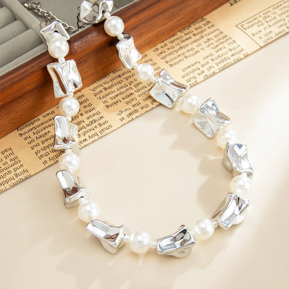 Pearl and Silvertone Ice Cube Station Necklace, dainty minimalist design, side view