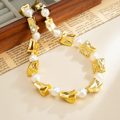 Pearl and Goldtone Ice Cube Station Necklace, elegant gift for her, side view