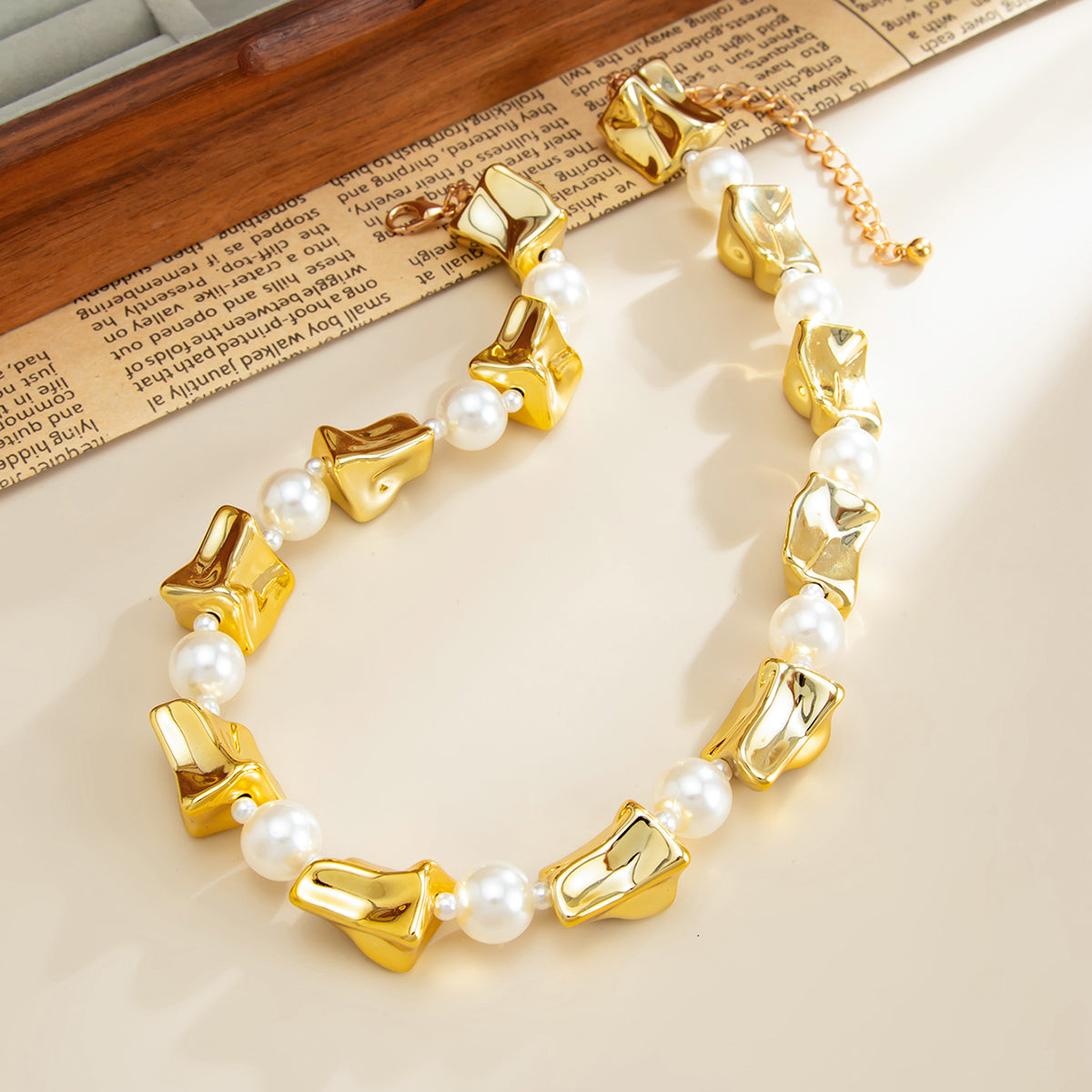 Pearl and Goldtone Ice Cube Station Necklace, elegant gift for her, detail close-up