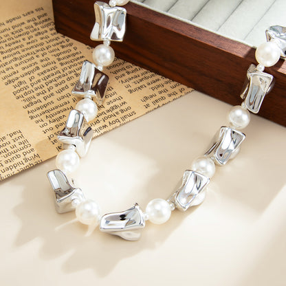 Pearl and Silvertone Ice Cube Station Necklace, dainty minimalist design, detail close-up