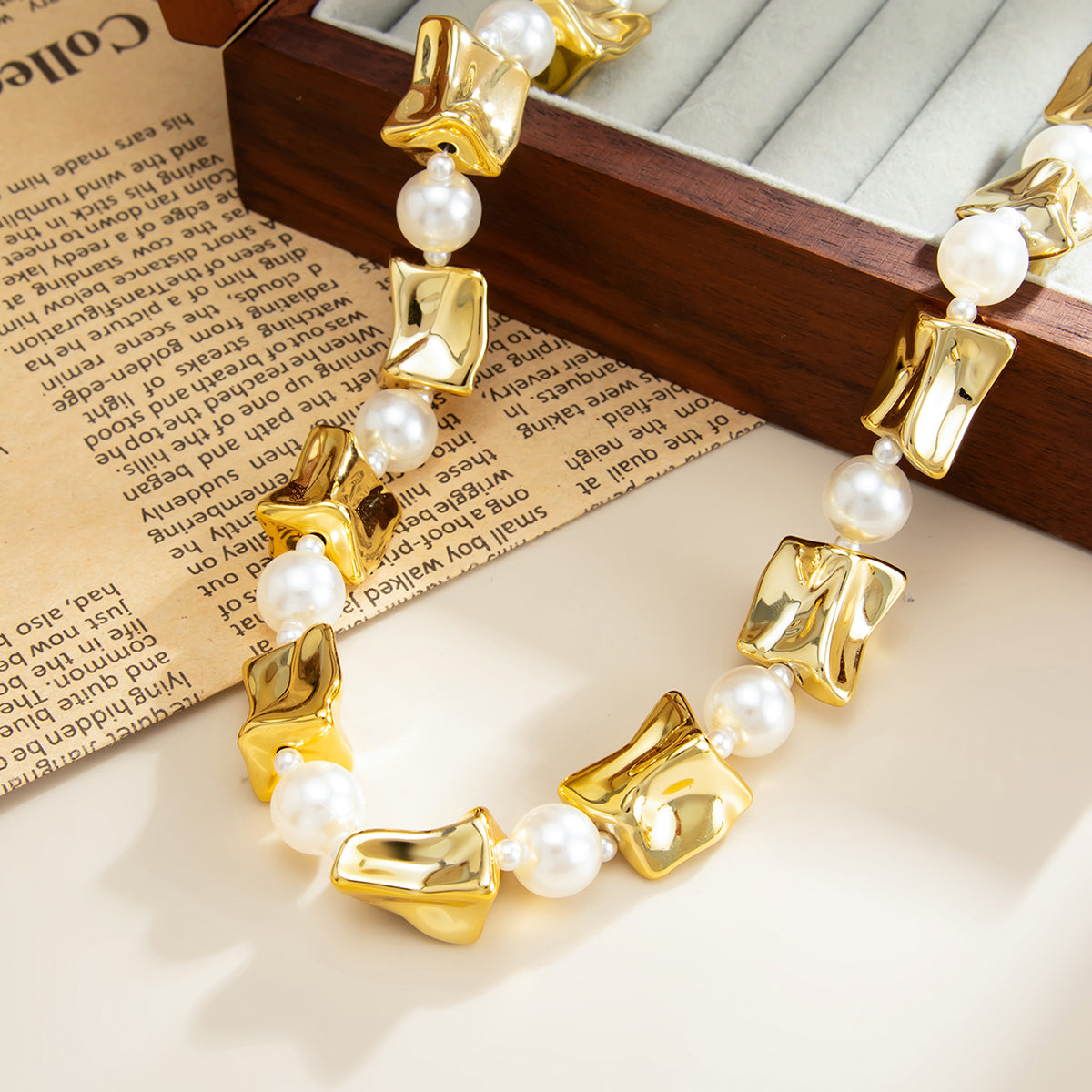 Pearl and Goldtone Ice Cube Station Necklace, elegant gift for her, lifestyle look