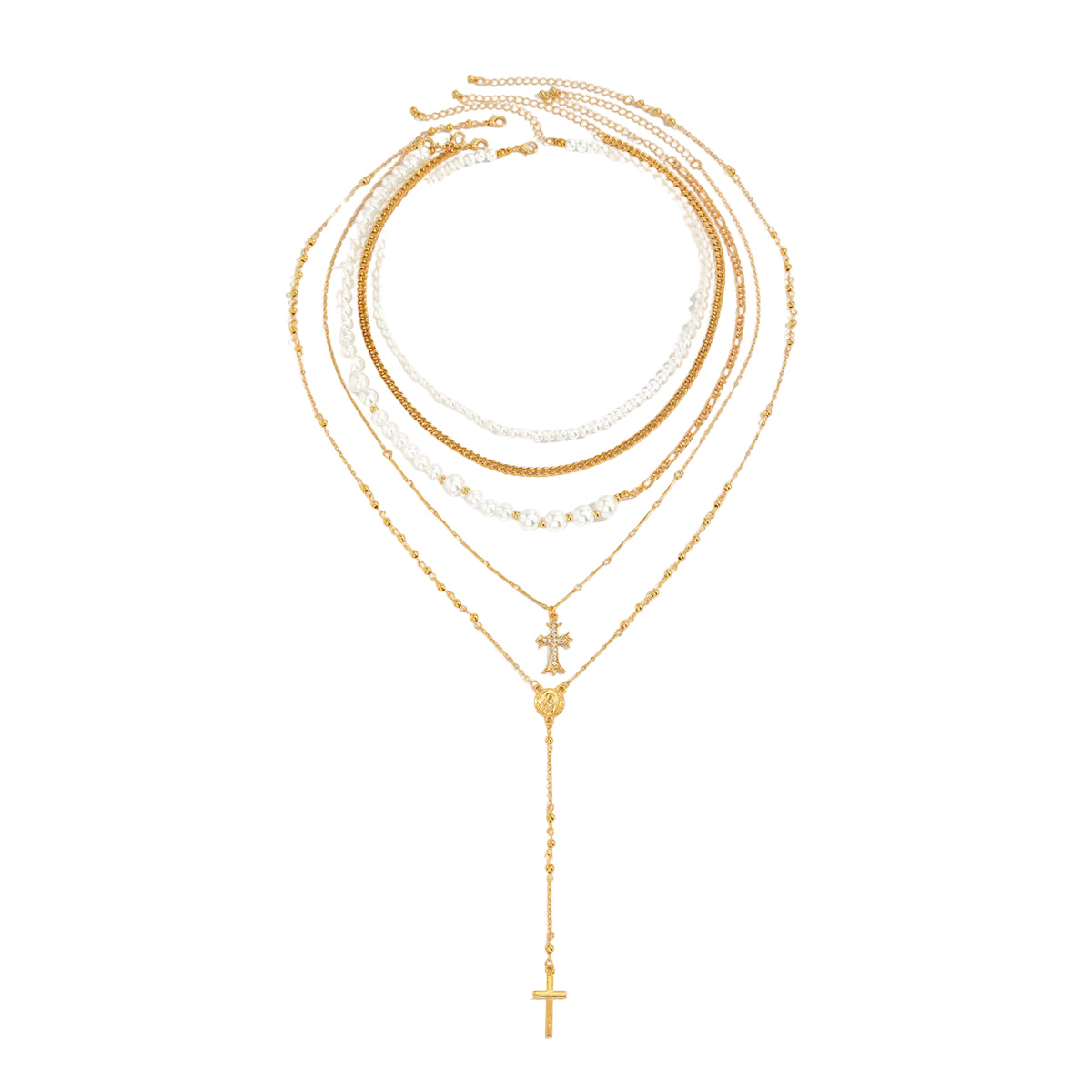 Cubic Zirconia & Pearl Goldtone Beaded Chain Cross Drop Necklace Set