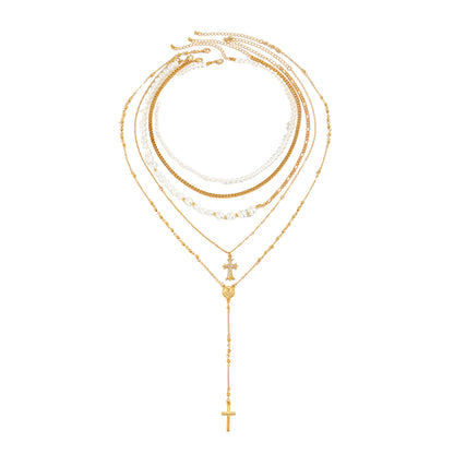 Cubic Zirconia & Pearl Goldtone Beaded Chain Cross Drop Necklace Set