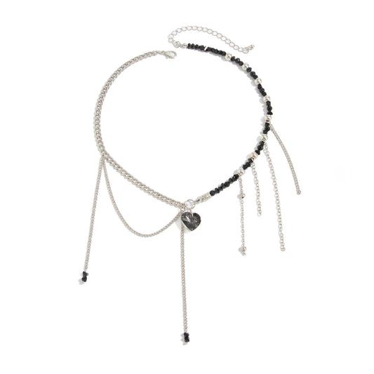 Black Acrylic and Crystal Silvertone Heart Pendant Tassel Necklace, botanical inspired, front view