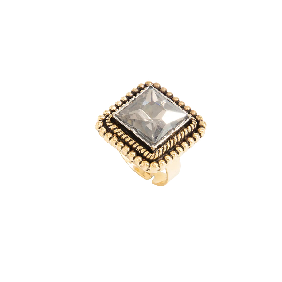 Crystal and Goldtone Radiant-Cut Twine Square Open Ring, elegant gift for her, front view