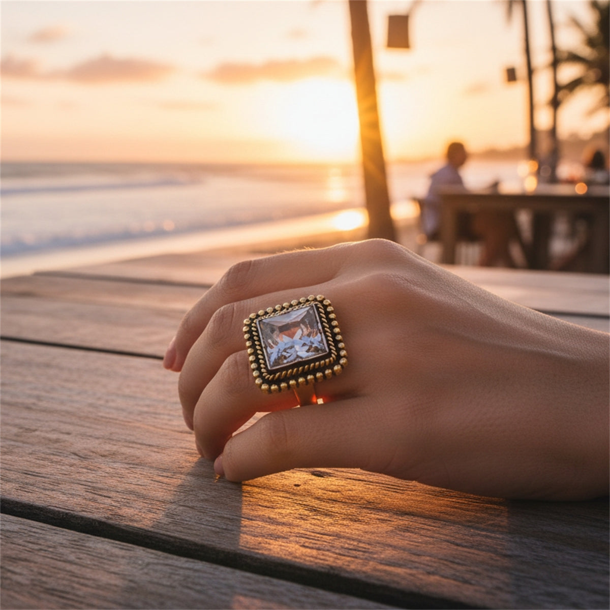 Crystal and Goldtone Radiant-Cut Twine Square Open Ring, elegant gift for her, lifestyle look