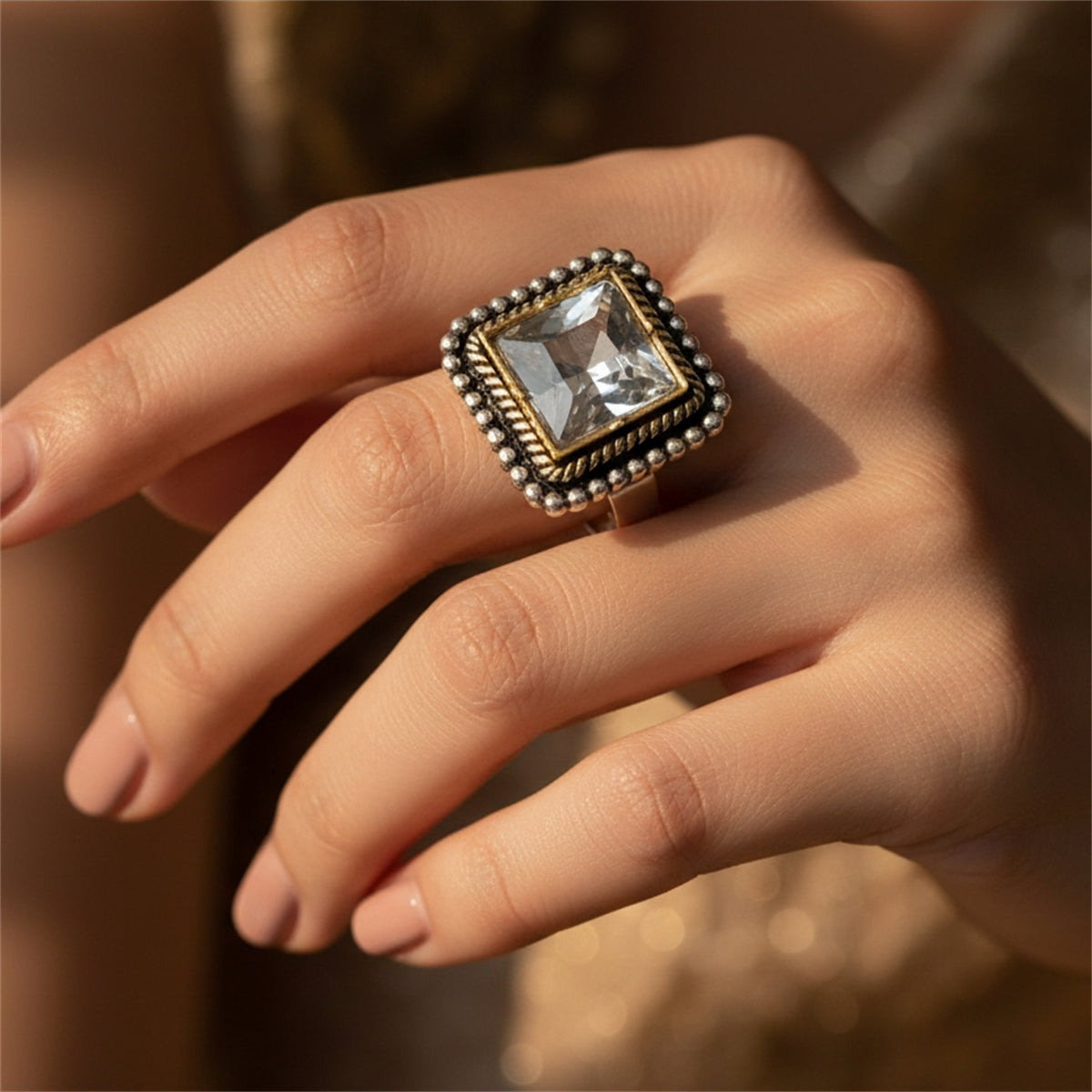 Crystal and Silvertone Radiant-Cut Twine Square Open Ring, everyday style, lifestyle look
