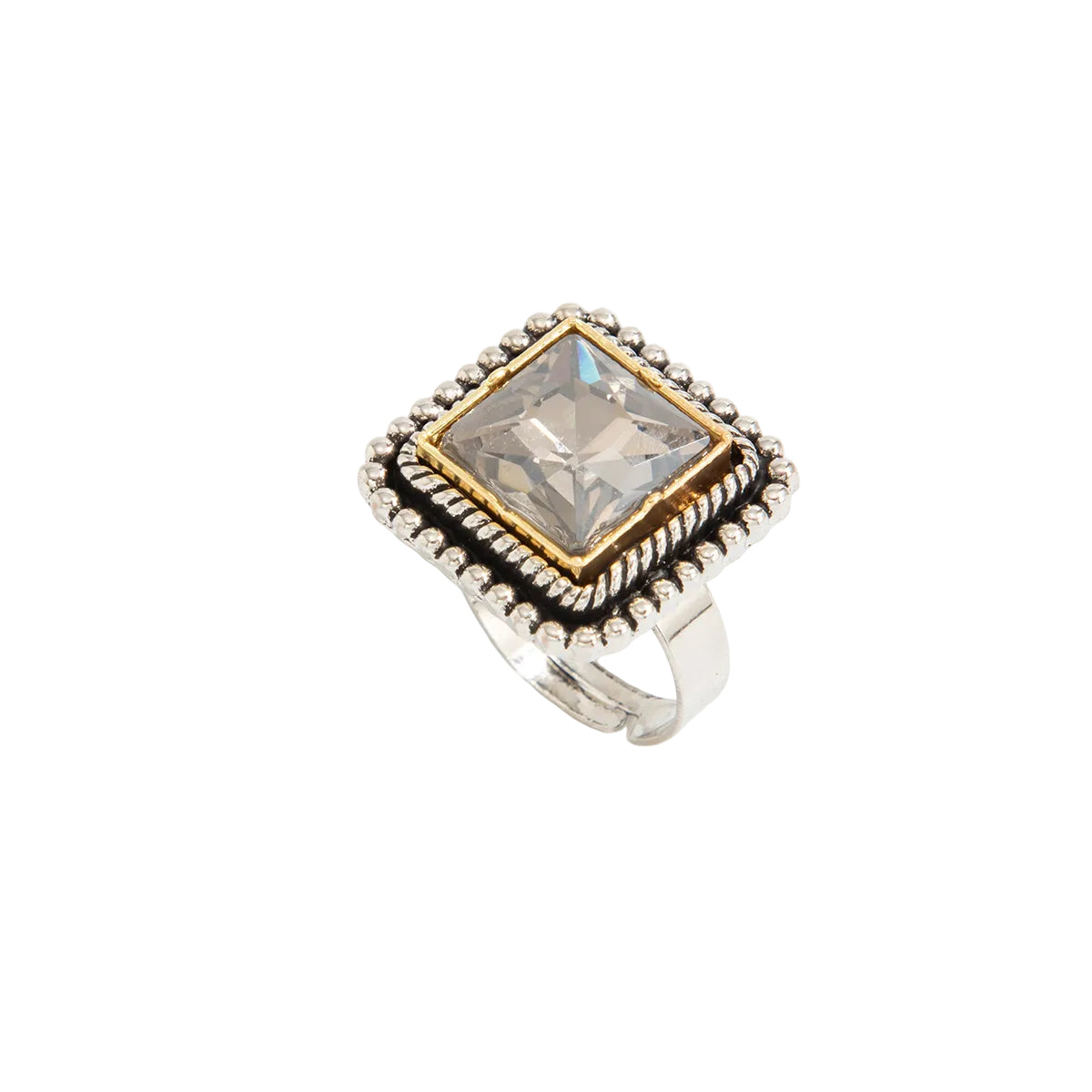 Crystal and Silvertone Radiant-Cut Twine Square Open Ring, everyday style, front view