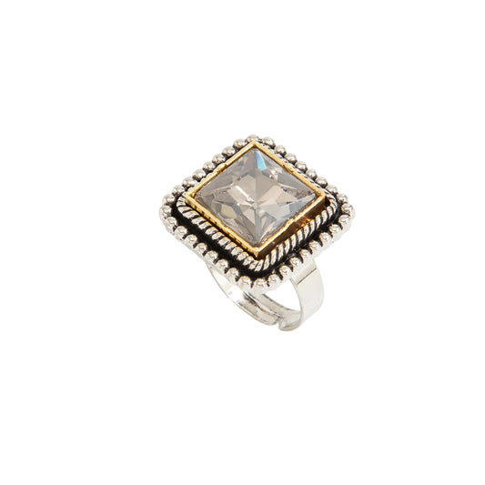 Crystal and Silvertone Radiant-Cut Twine Square Open Ring, everyday style, front view