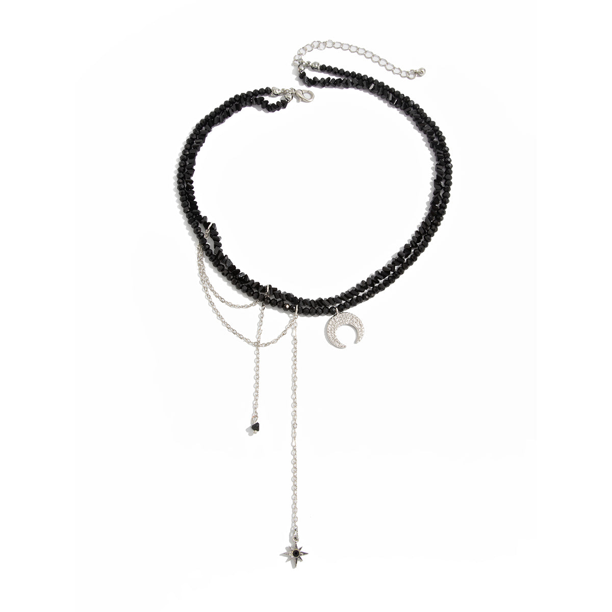 Black Acrylic and Silvertone Hammered Moon Pendant Tassel Necklace, elegant gift for her, front view