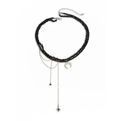 Black Acrylic and Silvertone Hammered Moon Pendant Tassel Necklace, elegant gift for her, front view