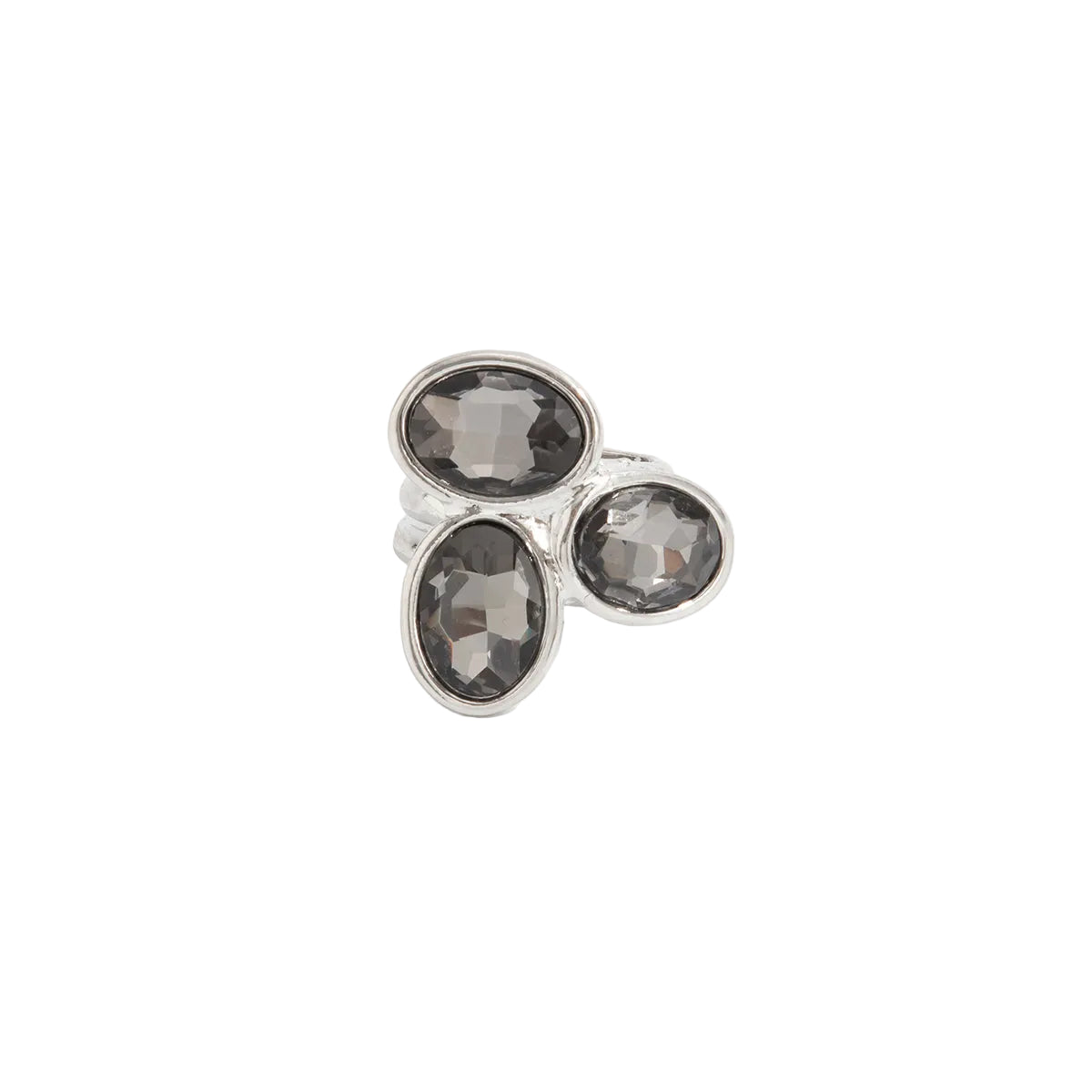 Gray Crystal and Silvertone Tri-Oval Open Ring, elegant gift for her, front view