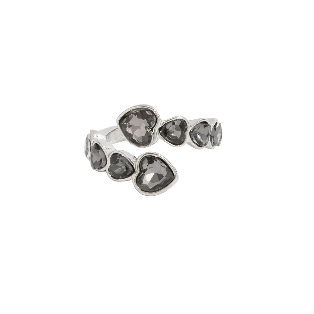 Gray Crystal and Silvertone Linked Heart Bypass Ring, dainty minimalist design, front view