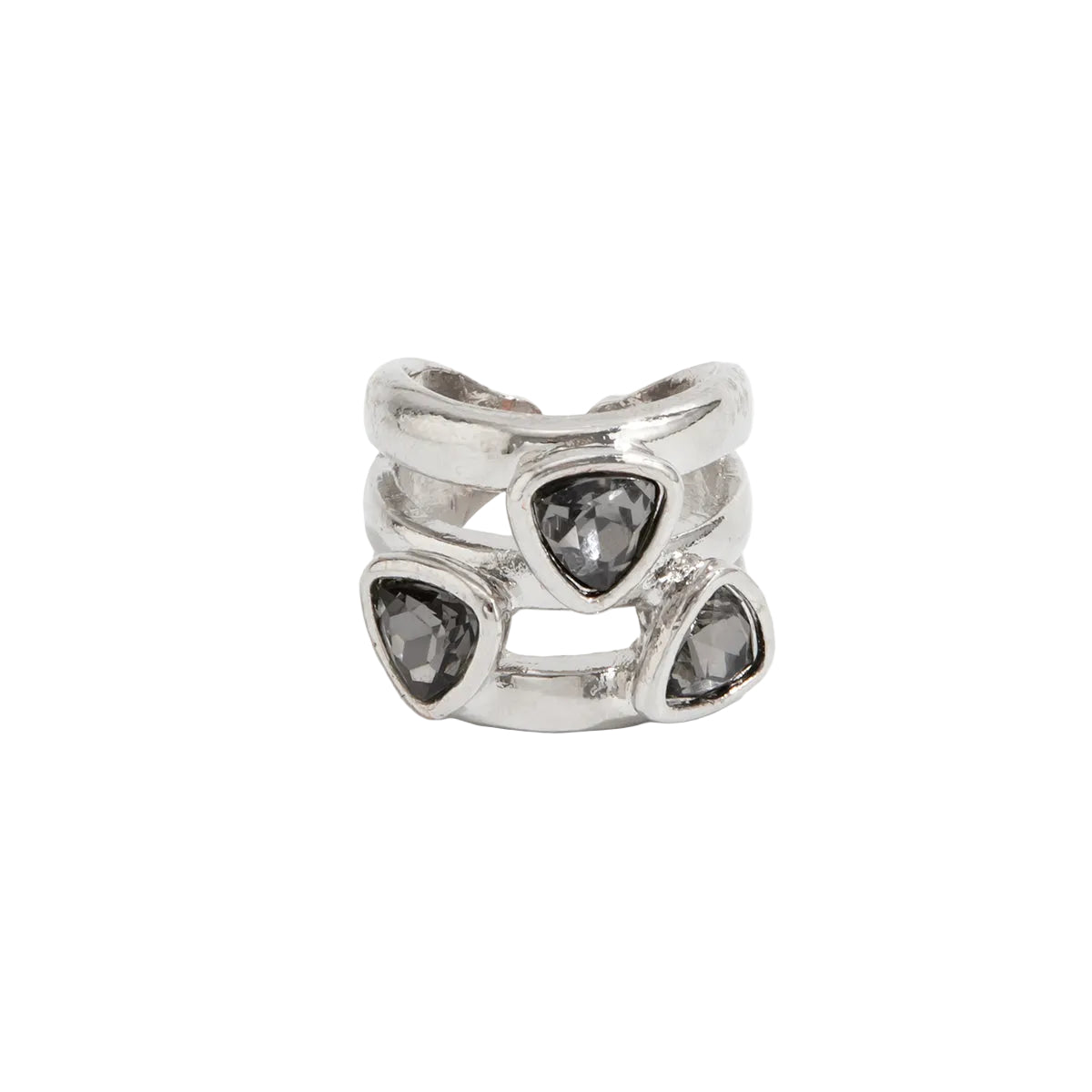 Gray Crystal and Silvertone Triangle Cluster Layered Open Ring, vintage-inspired design, front view
