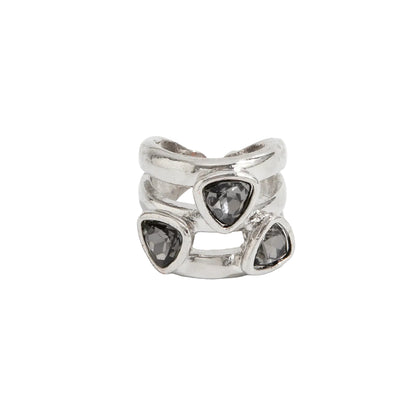 Gray Crystal and Silvertone Triangle Cluster Layered Open Ring, vintage-inspired design, front view