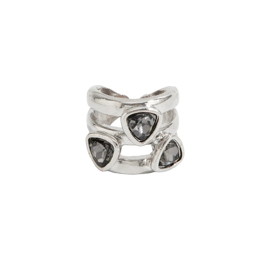 Gray Crystal and Silvertone Triangle Cluster Layered Open Ring, vintage-inspired design, front view