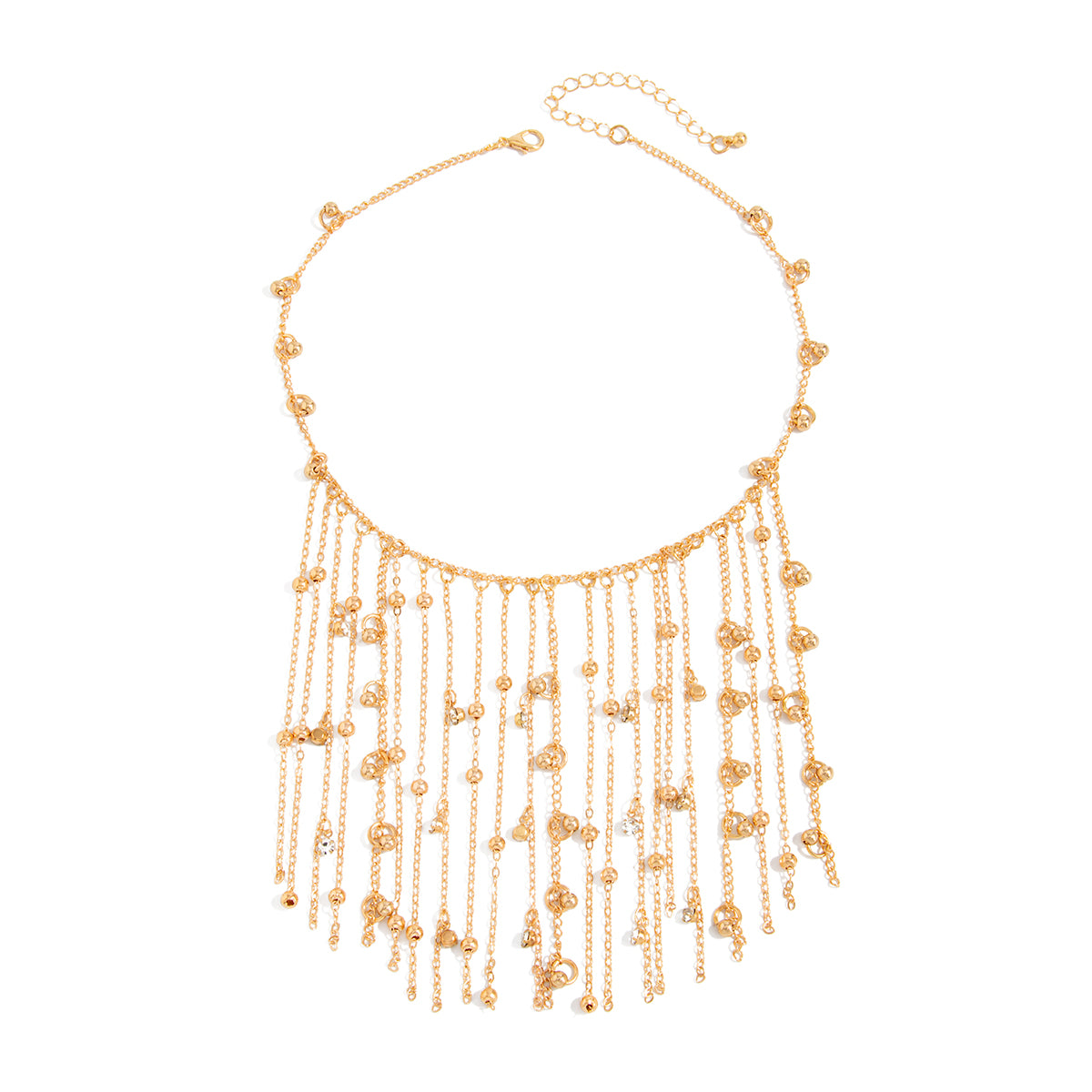 Cubic Zirconia and Goldtone Beaded Tassel Collar Necklace, elegant gift for her, front view