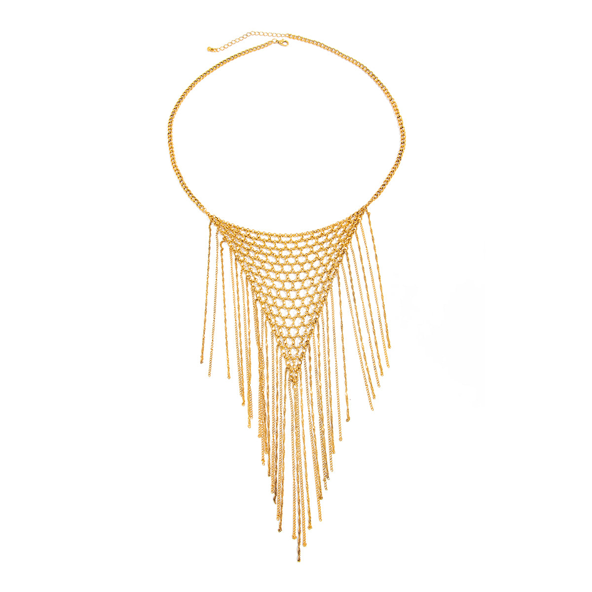 Goldtone Netted Rhombus Tassel Necklace, everyday style, front view
