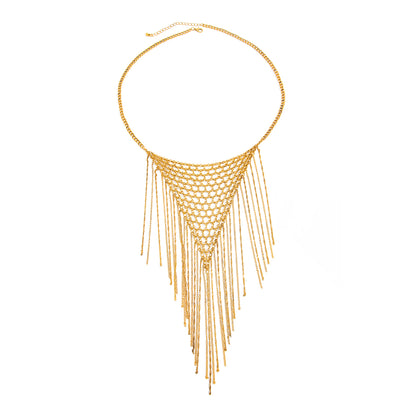 Goldtone Netted Rhombus Tassel Necklace, everyday style, front view