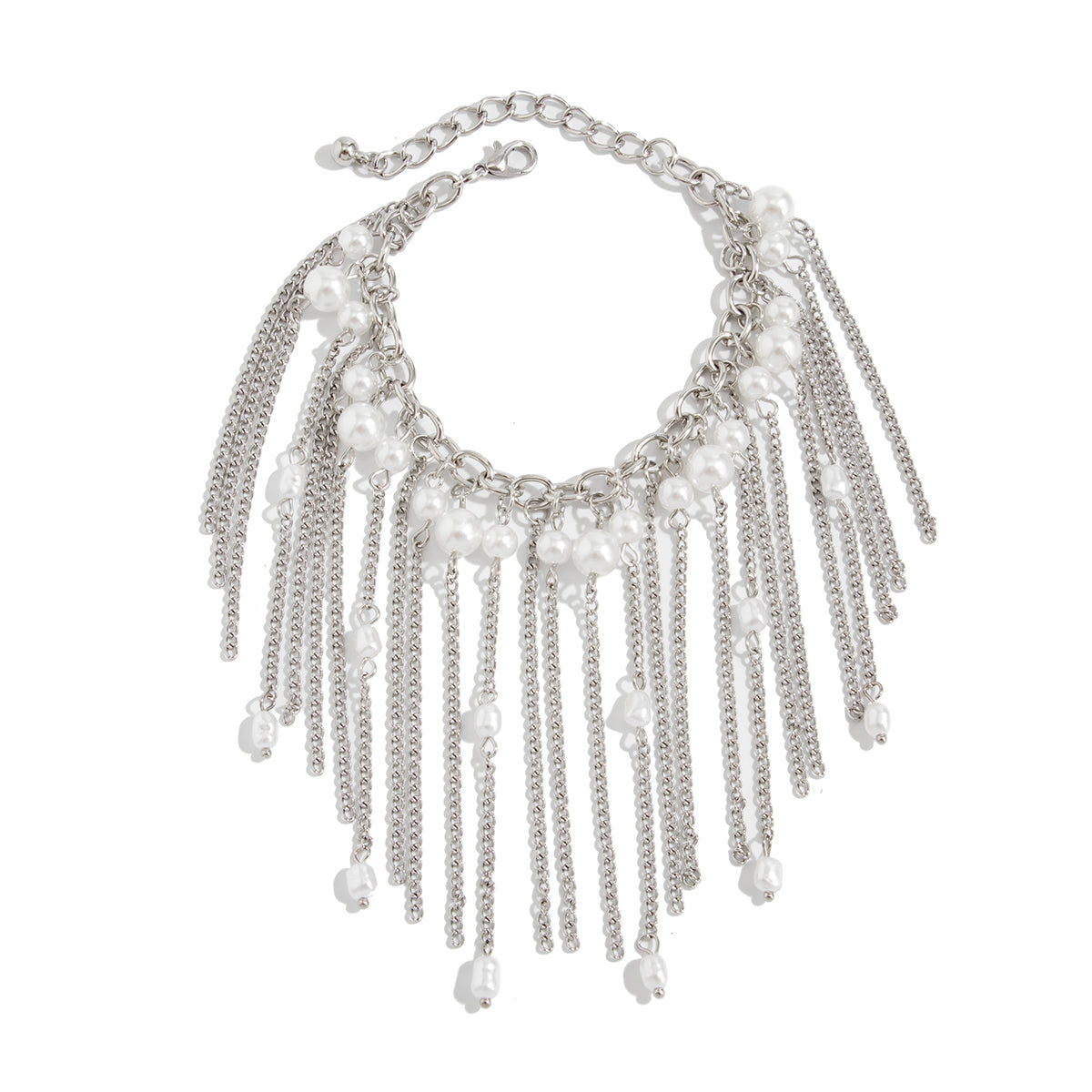 Pearl and Silvertone Beads Tassel Bracelet, silver bracelet for women, everyday style, front view