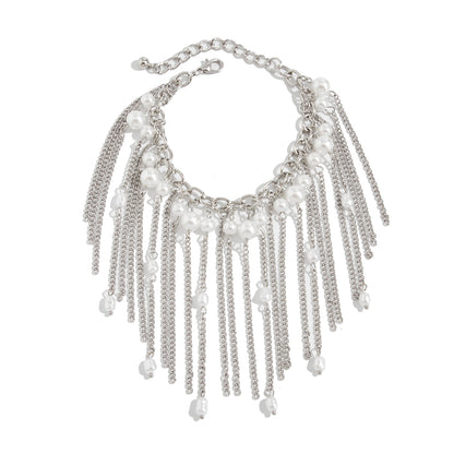 Pearl and Silvertone Beads Tassel Bracelet, silver bracelet for women, everyday style, front view