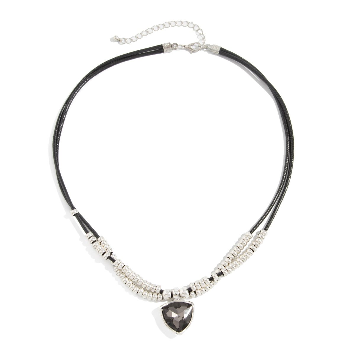 Black Polyster and Crystal Silvertone Beaded Triangle Pendant Necklace, botanical inspired, front view