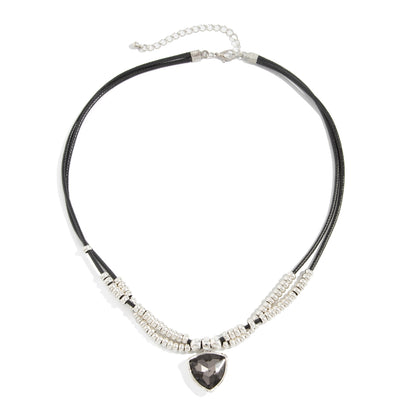 Black Polyster and Crystal Silvertone Beaded Triangle Pendant Necklace, botanical inspired, front view