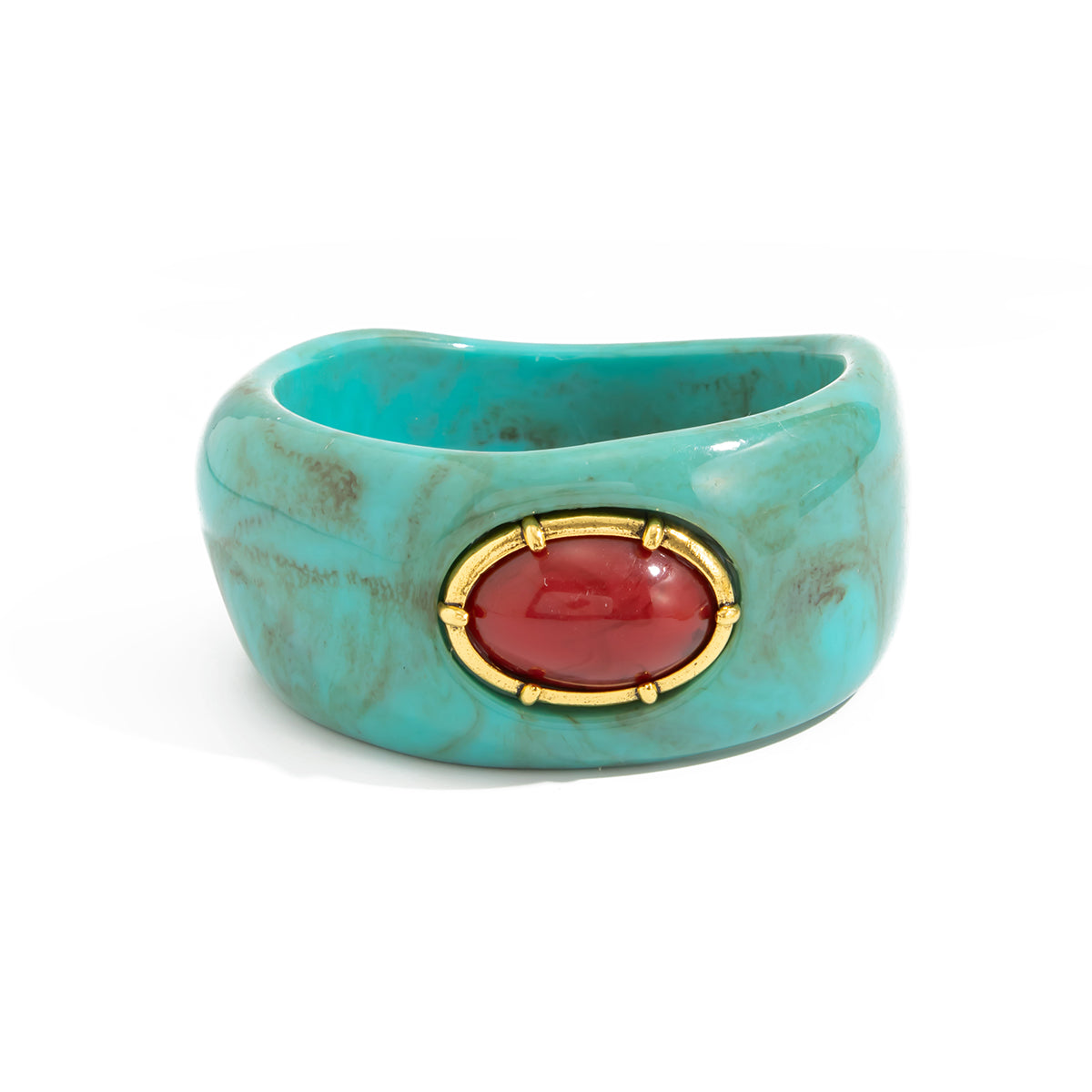 Teal Resin and Goldtone Oval Bangle Bracelet, gold bangle bracelet, vintage-inspired design, front view