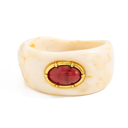 Beige Resin and Goldtone Oval Bangle Bracelet, gold bangle bracelet, everyday style, front view