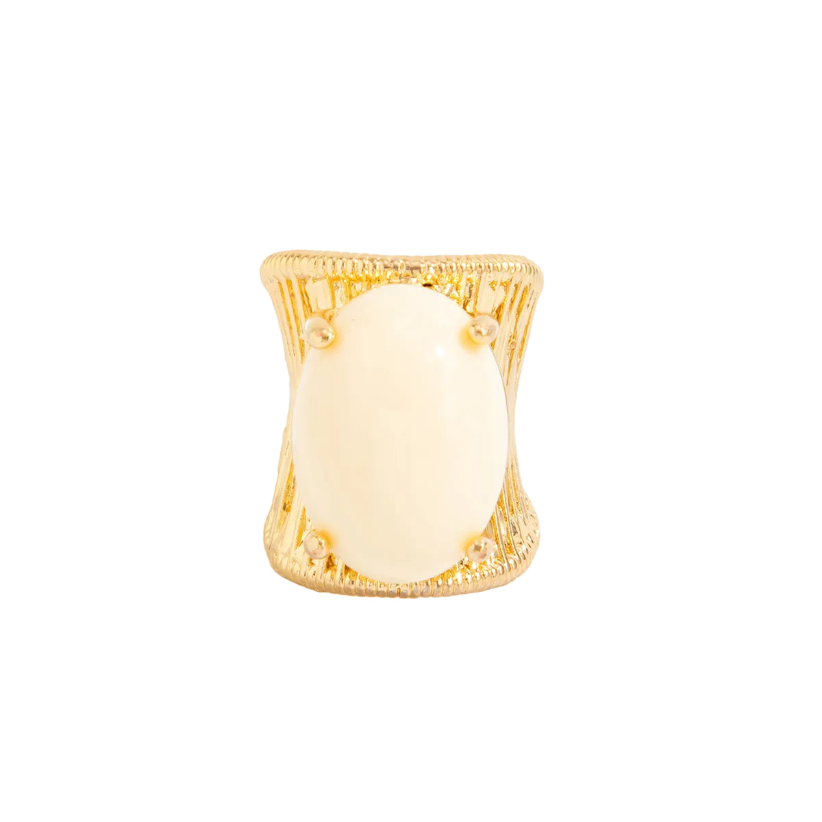 Beige Resin and Goldtone Prong-Set Oval Open Ring, botanical inspired, front view