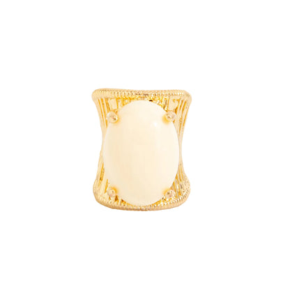 Beige Resin and Goldtone Prong-Set Oval Open Ring, botanical inspired, front view