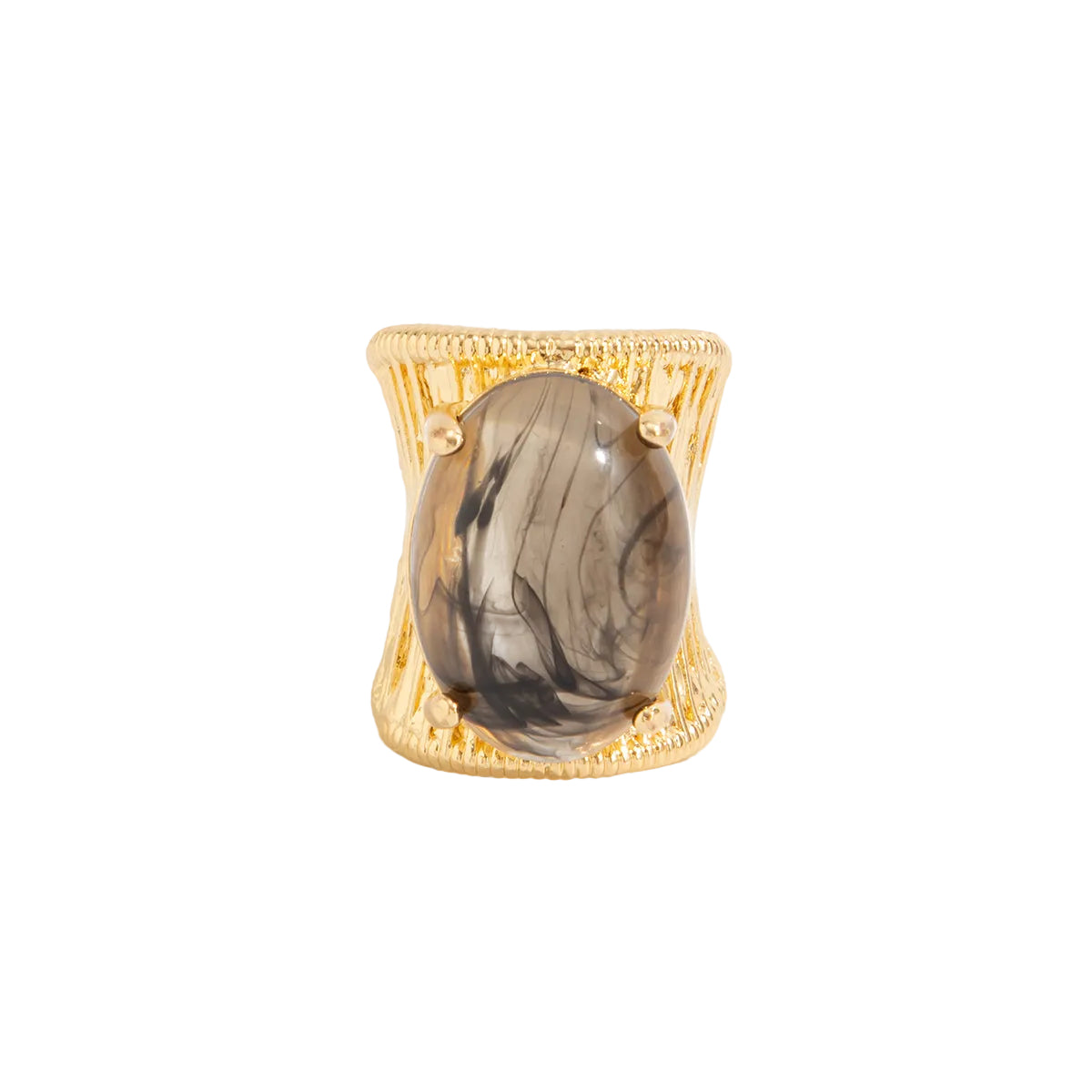 Gray Resin and Goldtone Prong-Set Oval Open Ring, botanical inspired, front view