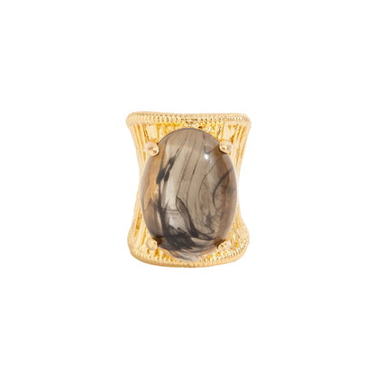 Gray Resin and Goldtone Prong-Set Oval Open Ring, botanical inspired, front view